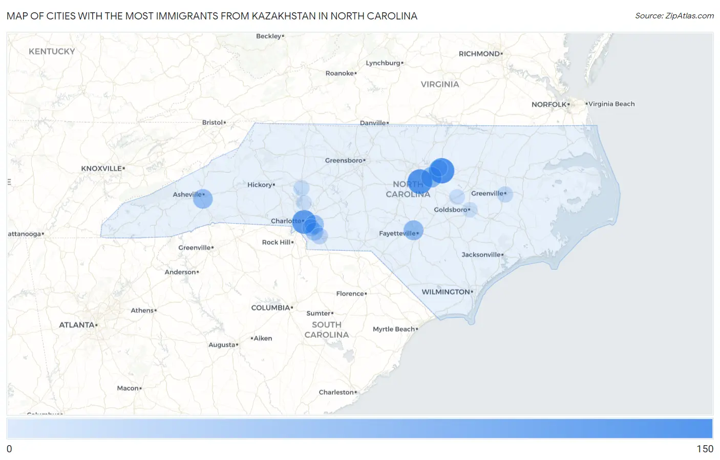 Cities with the Most Immigrants from Kazakhstan in North Carolina Map