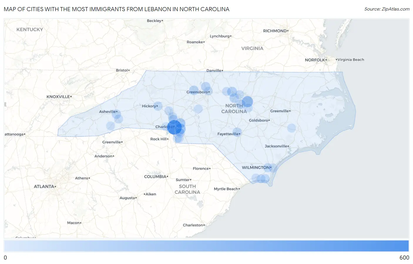 Cities with the Most Immigrants from Lebanon in North Carolina Map