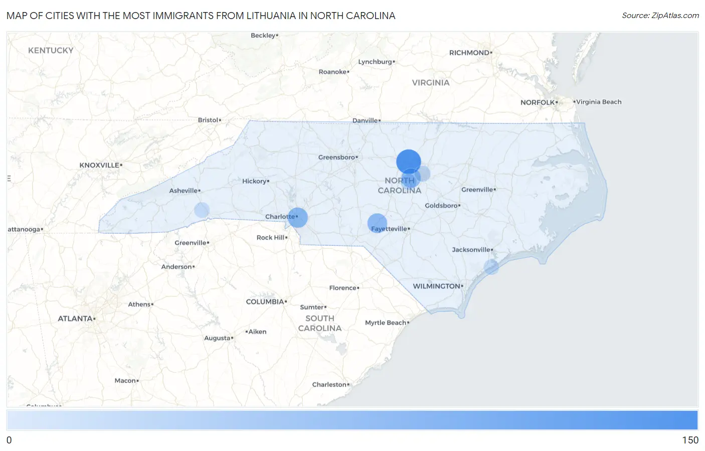 Cities with the Most Immigrants from Lithuania in North Carolina Map