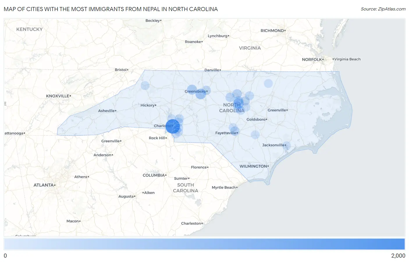 Cities with the Most Immigrants from Nepal in North Carolina Map