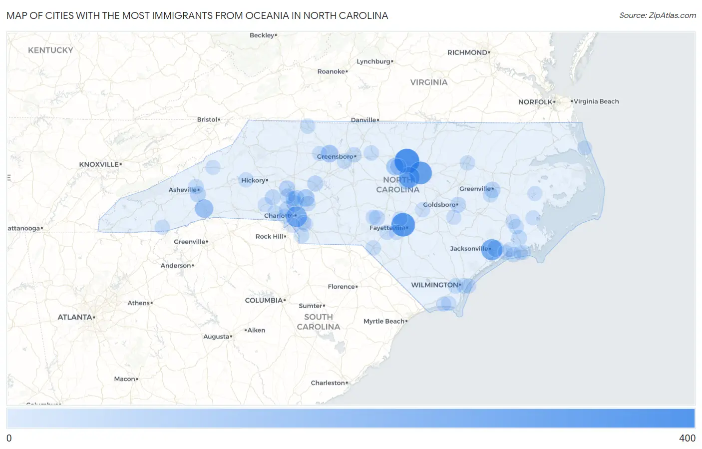 Cities with the Most Immigrants from Oceania in North Carolina Map