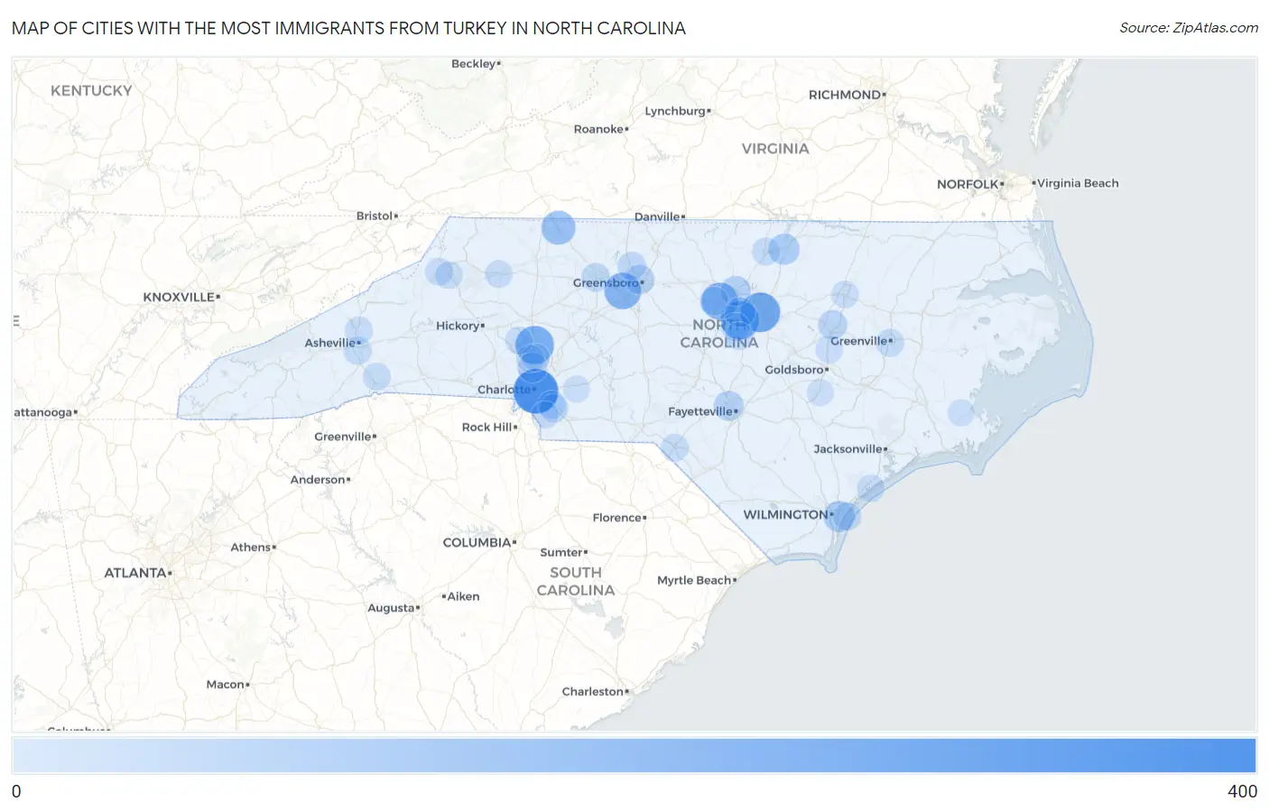 Cities with the Most Immigrants from Turkey in North Carolina Map