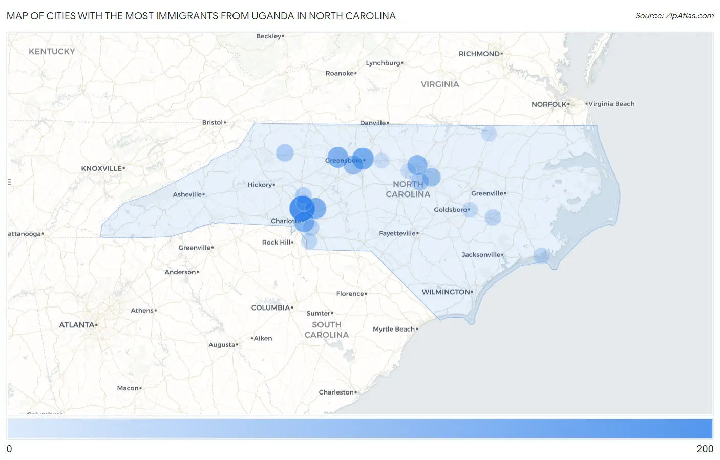 Cities with the Most Immigrants from Uganda in North Carolina Map