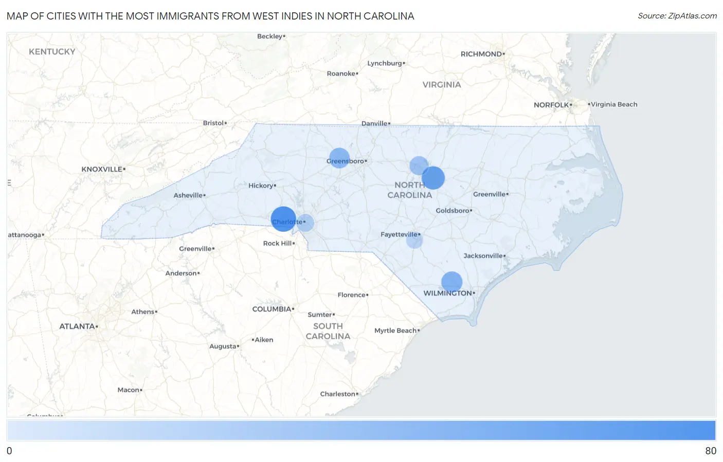 Cities with the Most Immigrants from West Indies in North Carolina Map