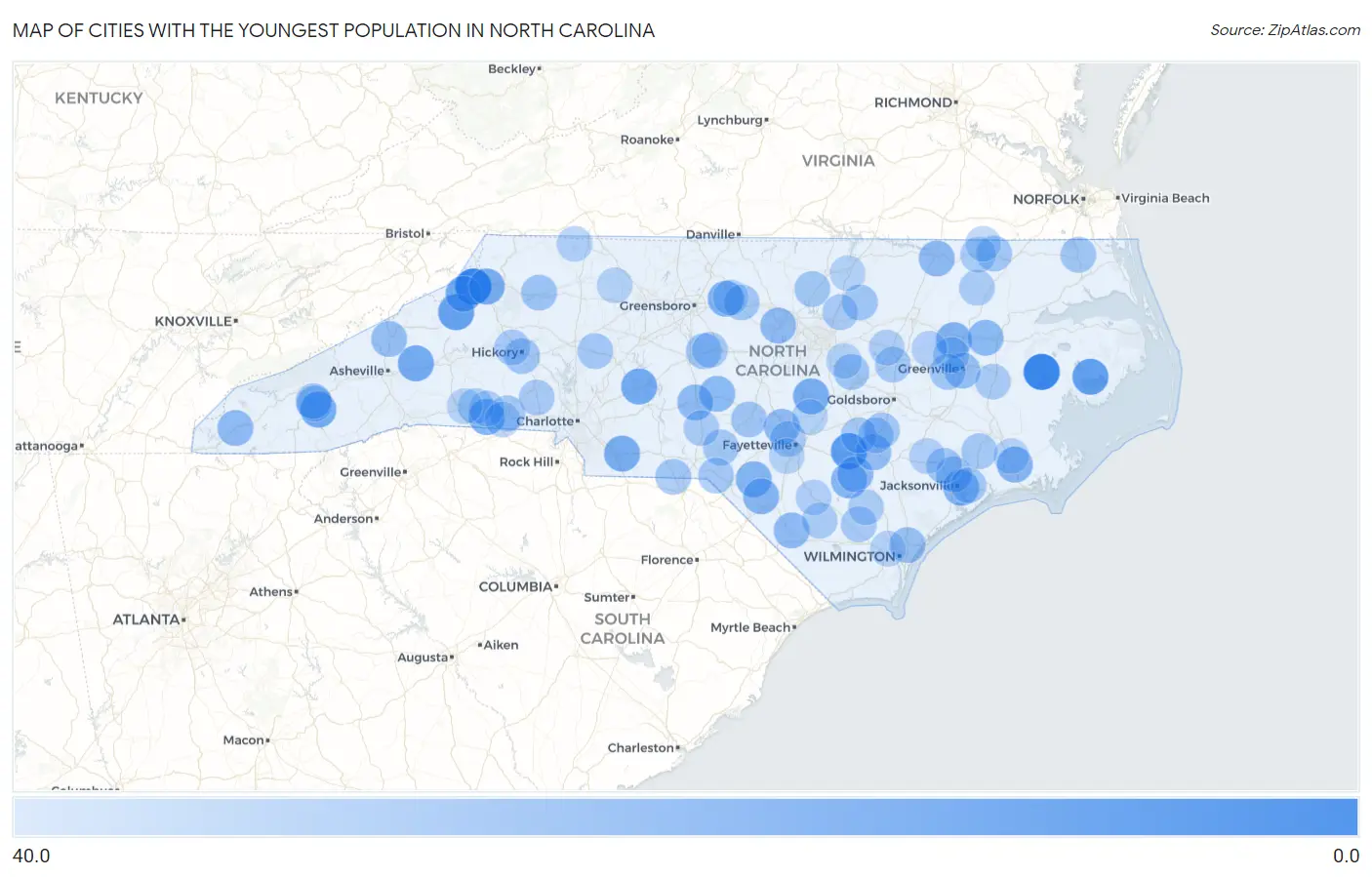 Cities with the Youngest Population in North Carolina Map