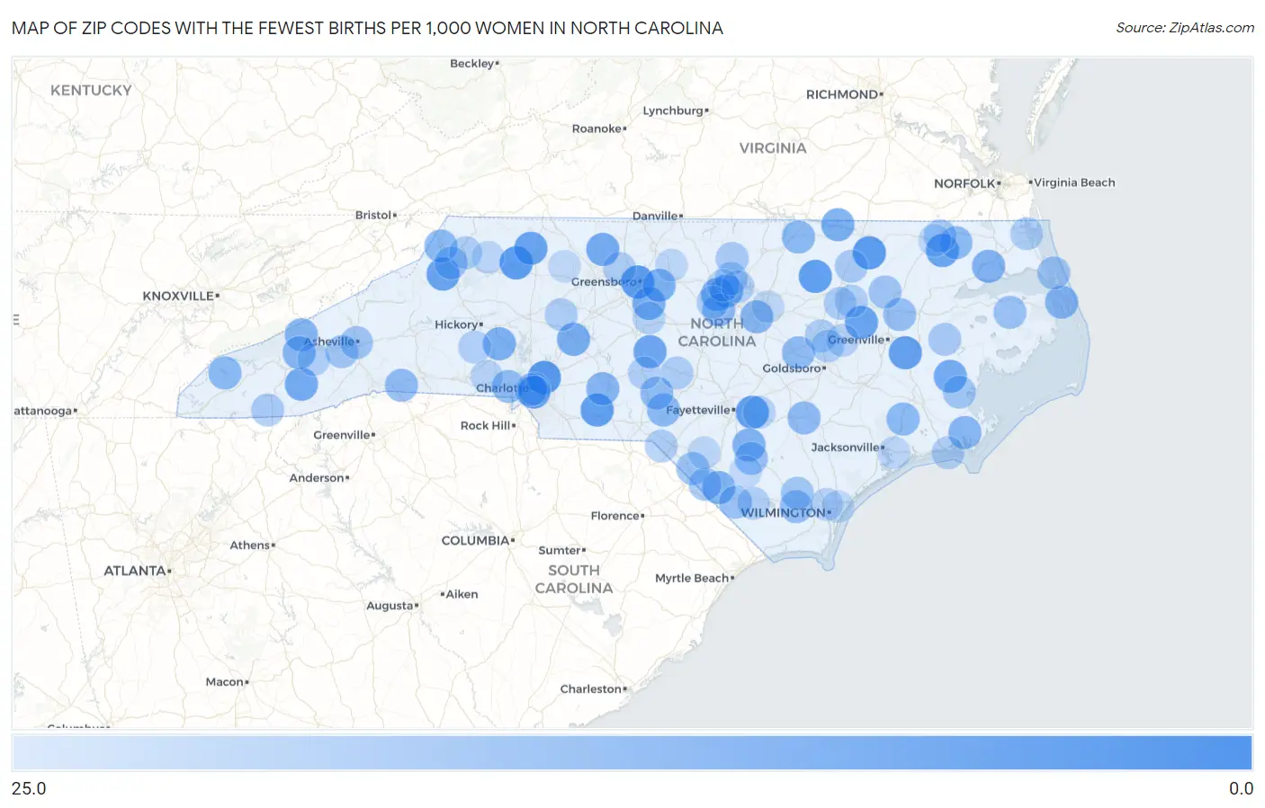 Zip Codes with the Fewest Births per 1,000 Women in North Carolina Map