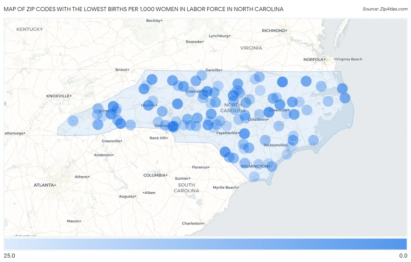 Zip Codes with the Lowest Births per 1,000 Women in Labor Force in North Carolina Map