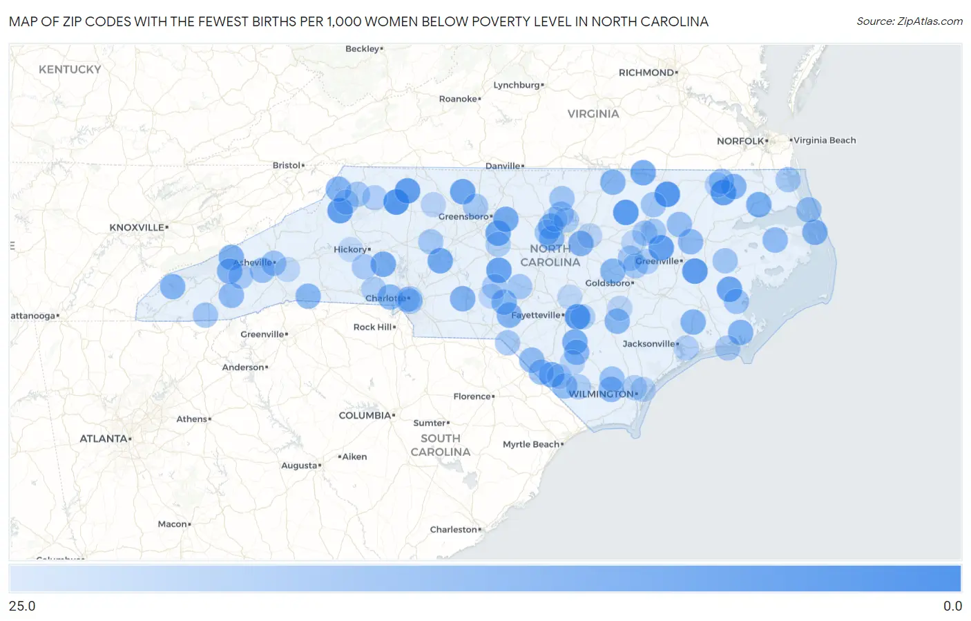 Zip Codes with the Fewest Births per 1,000 Women Below Poverty Level in North Carolina Map