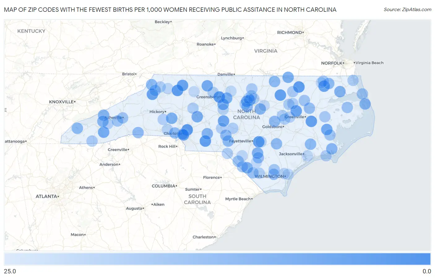 Zip Codes with the Fewest Births per 1,000 Women Receiving Public Assitance in North Carolina Map