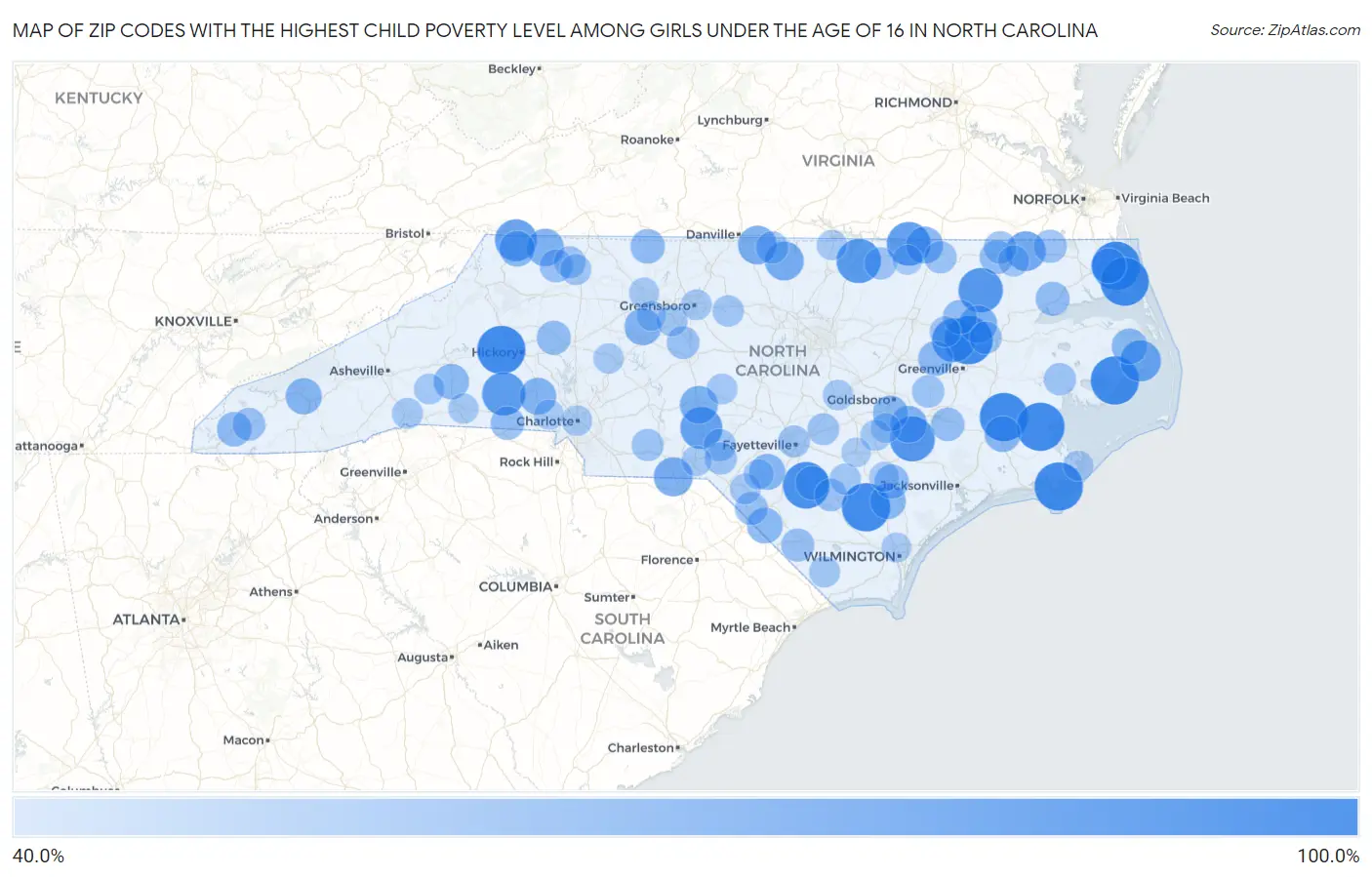 Zip Codes with the Highest Child Poverty Level Among Girls Under the Age of 16 in North Carolina Map