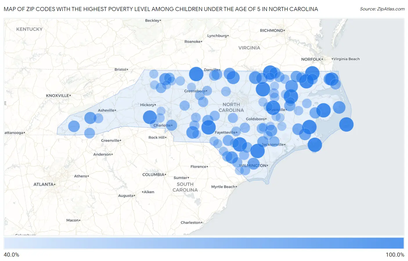 Zip Codes with the Highest Poverty Level Among Children Under the Age of 5 in North Carolina Map