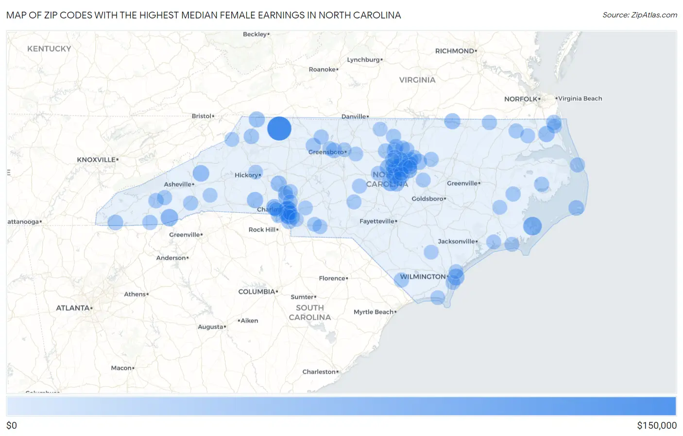 Zip Codes with the Highest Median Female Earnings in North Carolina Map