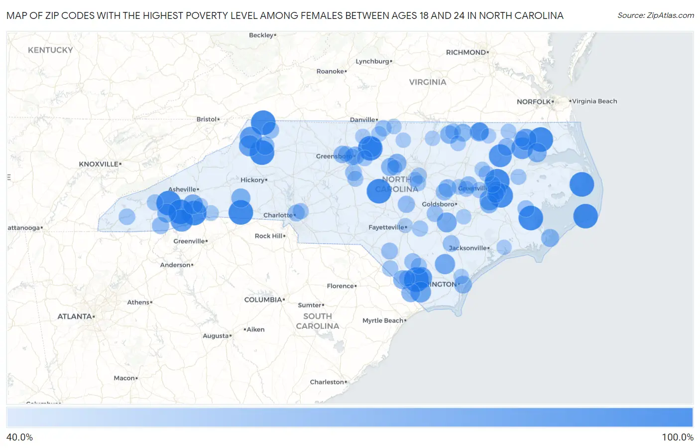 Zip Codes with the Highest Poverty Level Among Females Between Ages 18 and 24 in North Carolina Map