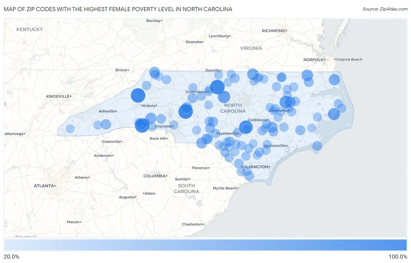 Zip Codes with the Highest Female Poverty Level in North Carolina Map