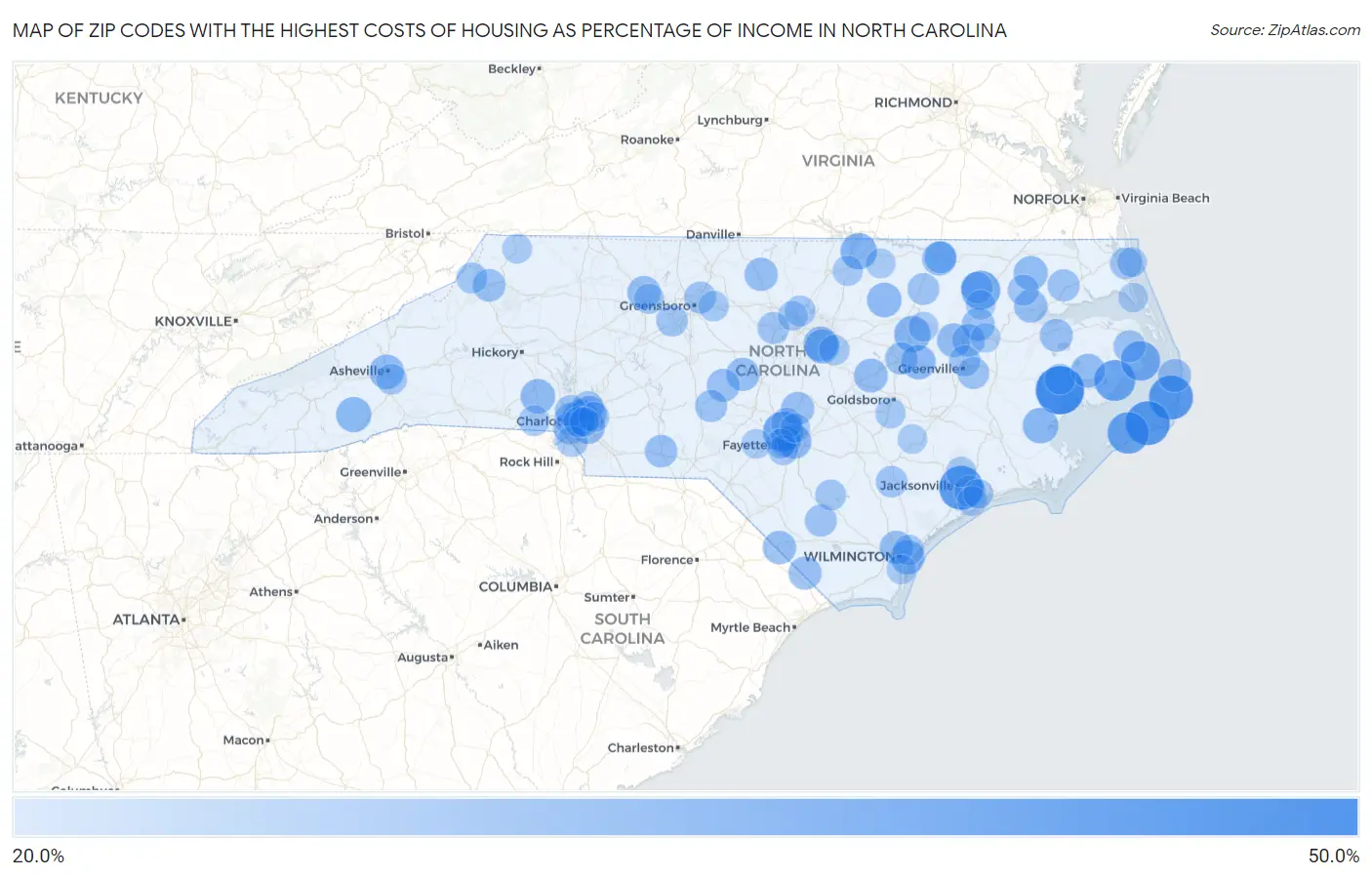 Zip Codes with the Highest Costs of Housing as Percentage of Income in North Carolina Map
