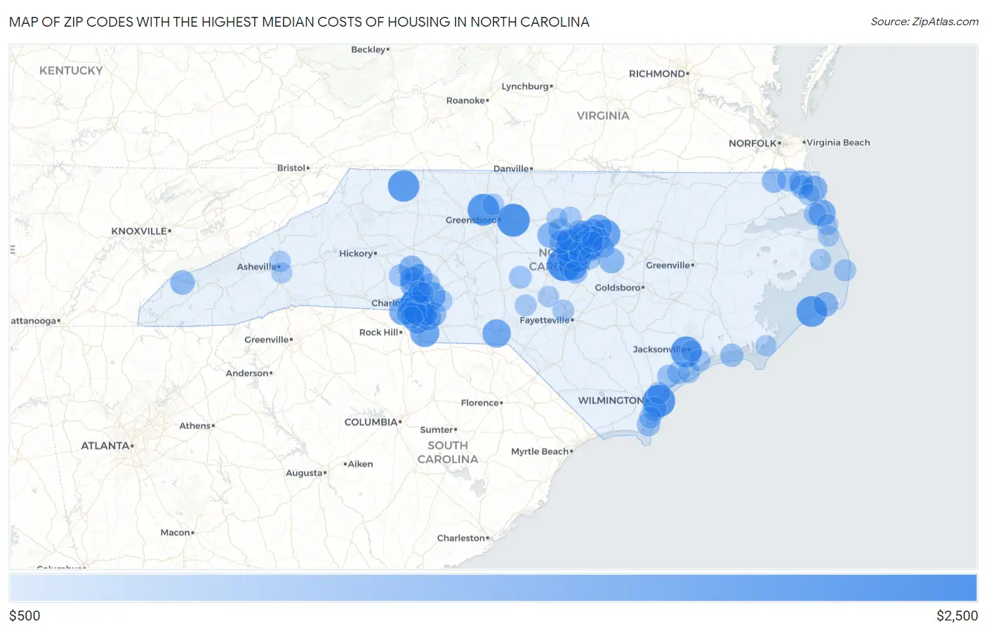 Zip Codes with the Highest Median Costs of Housing in North Carolina Map