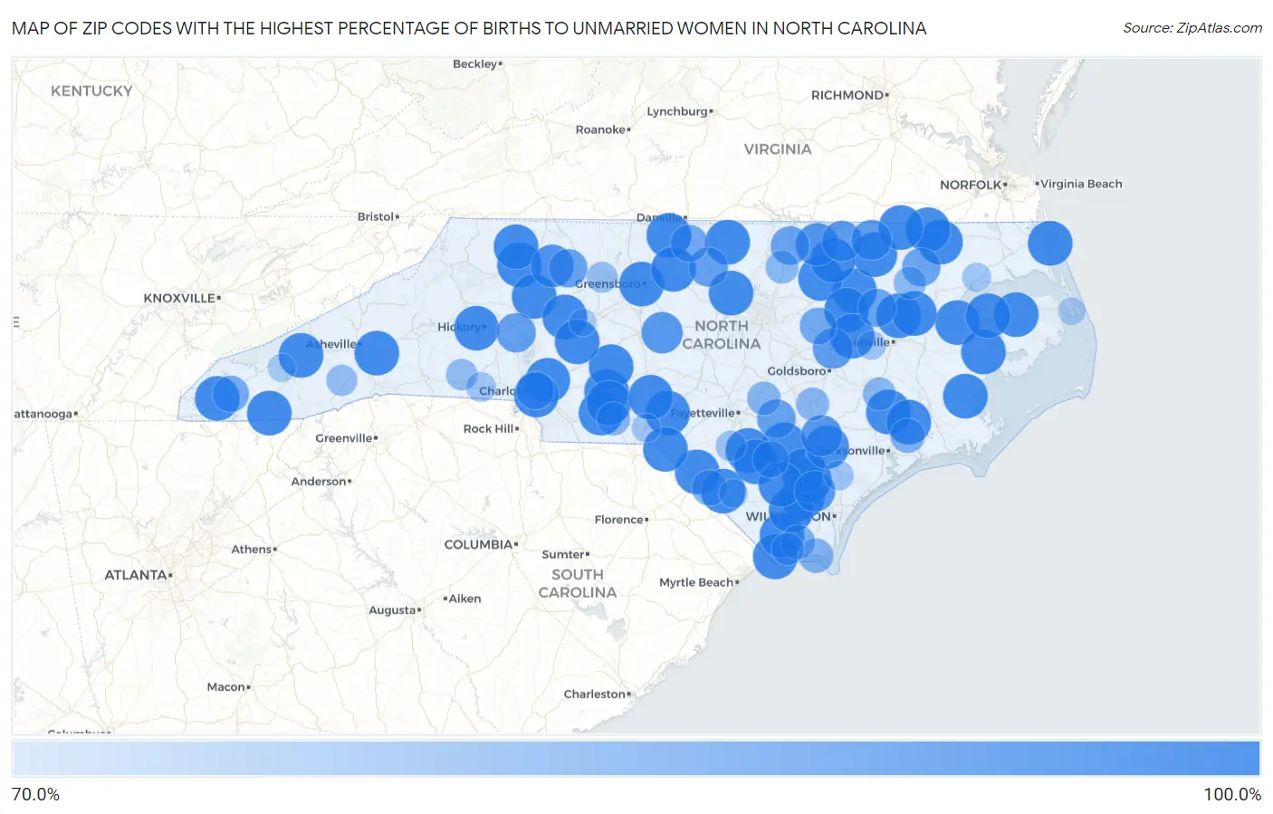 Zip Codes with the Highest Percentage of Births to Unmarried Women in North Carolina Map