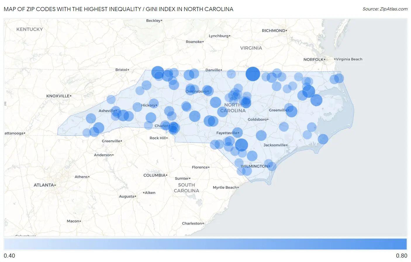 Zip Codes with the Highest Inequality / Gini Index in North Carolina Map