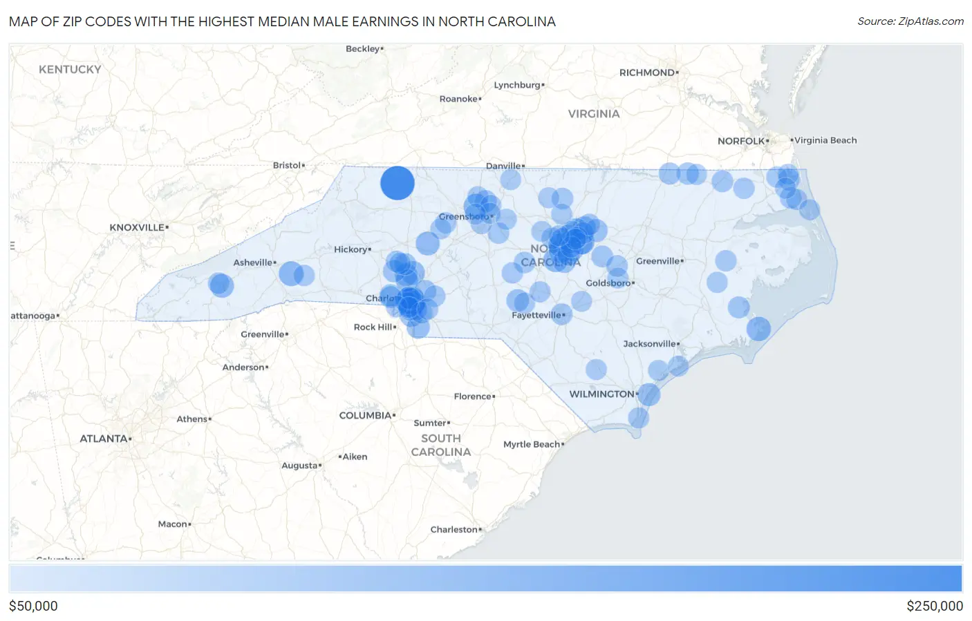 Zip Codes with the Highest Median Male Earnings in North Carolina Map
