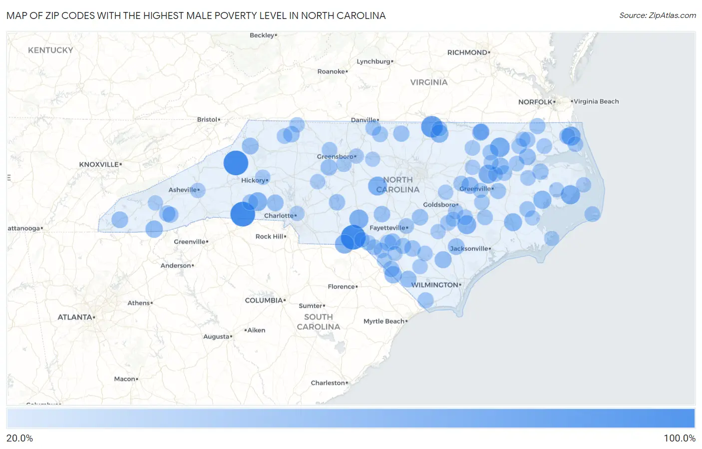 Zip Codes with the Highest Male Poverty Level in North Carolina Map