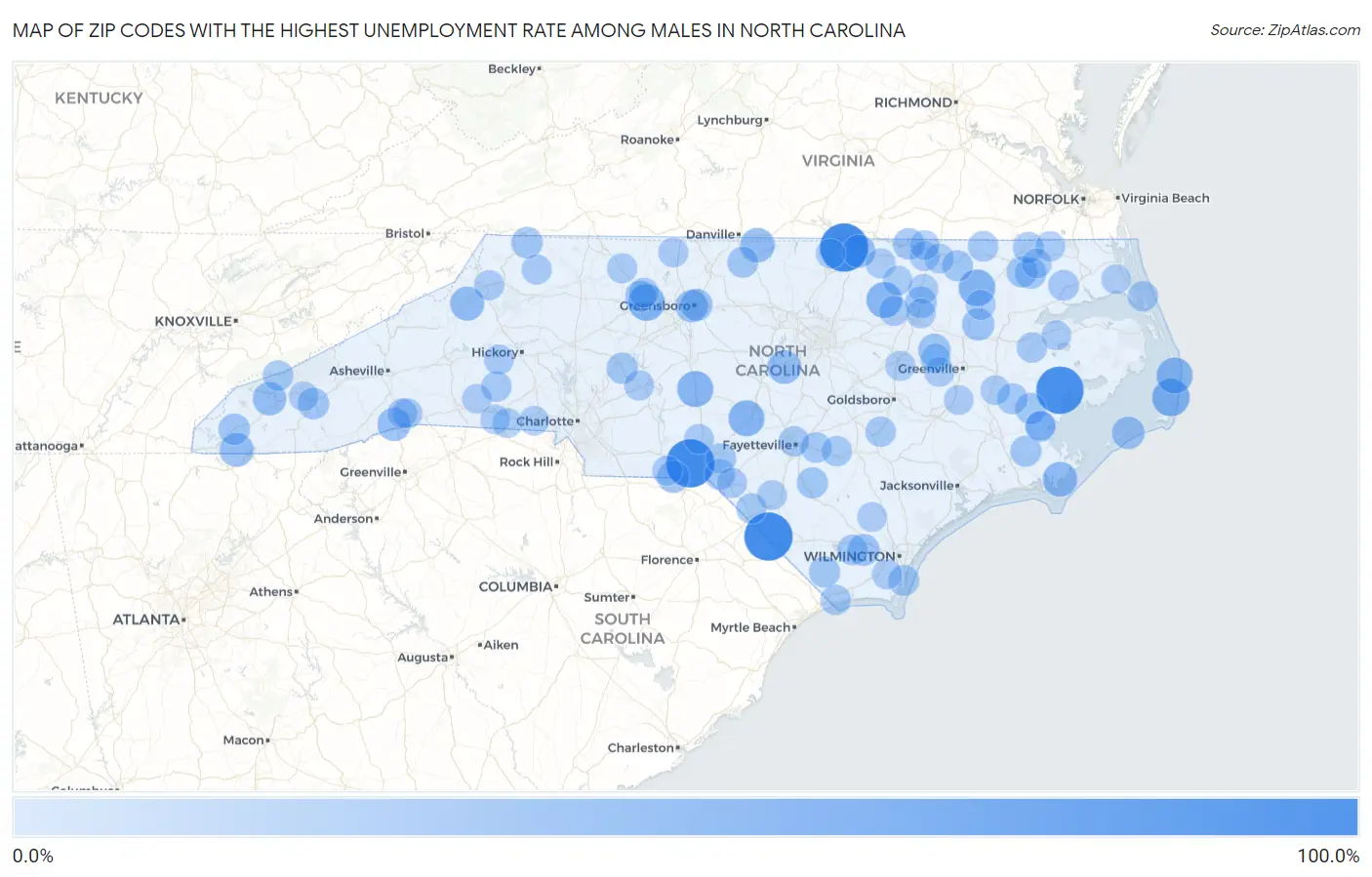 Zip Codes with the Highest Unemployment Rate Among Males in North Carolina Map