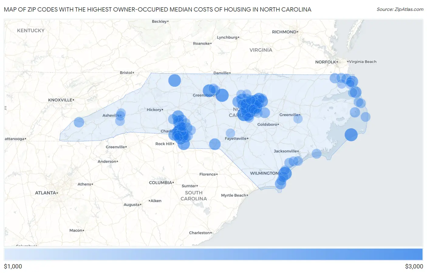 Zip Codes with the Highest Owner-Occupied Median Costs of Housing in North Carolina Map