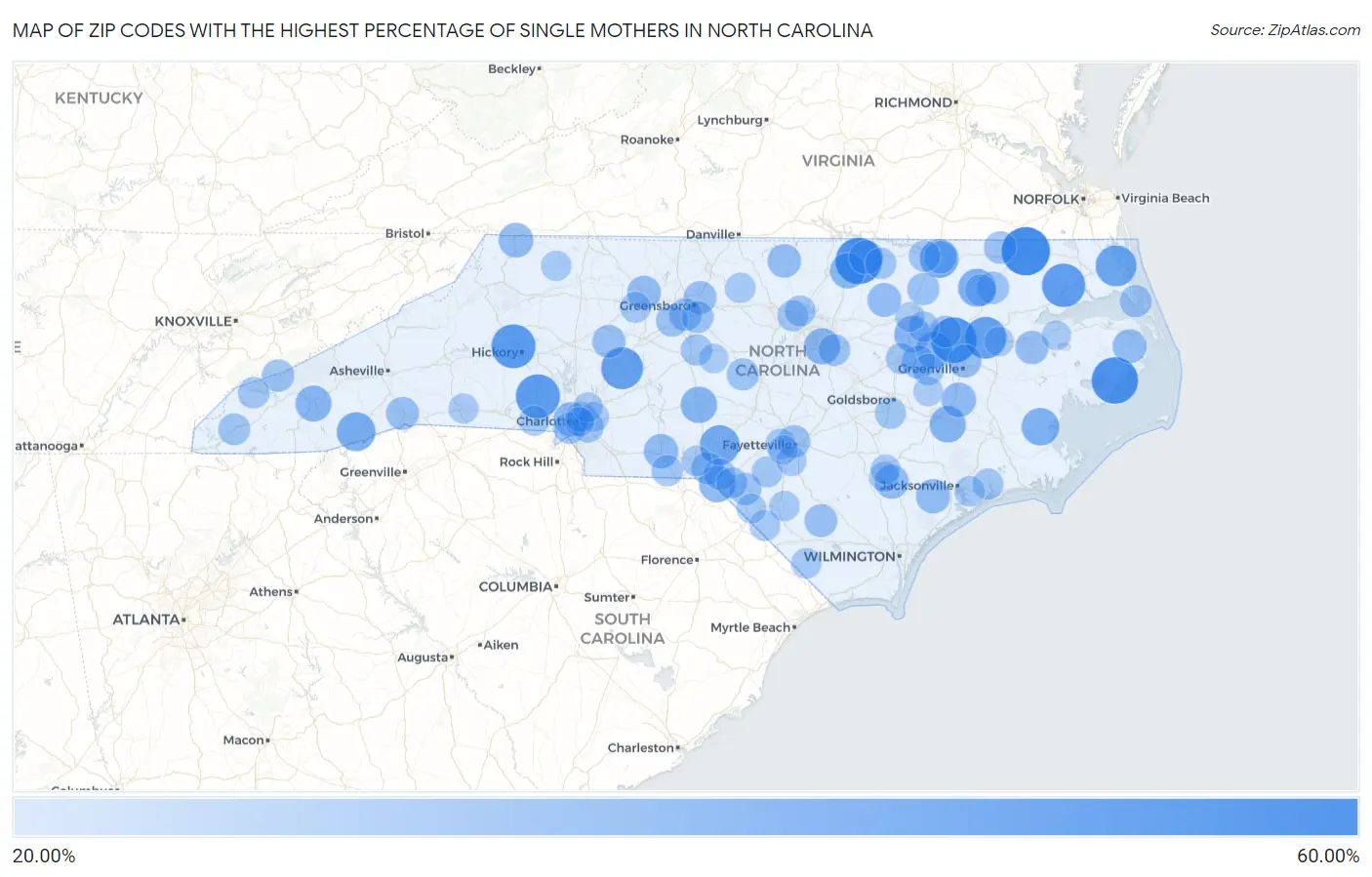 Zip Codes with the Highest Percentage of Single Mothers in North Carolina Map