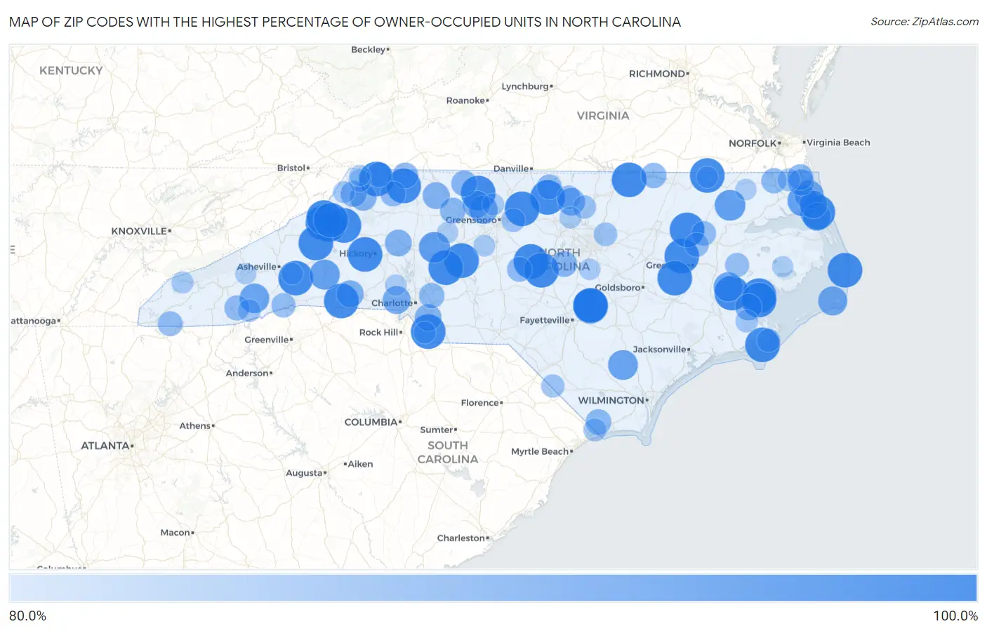 Zip Codes with the Highest Percentage of Owner-Occupied Units in North Carolina Map