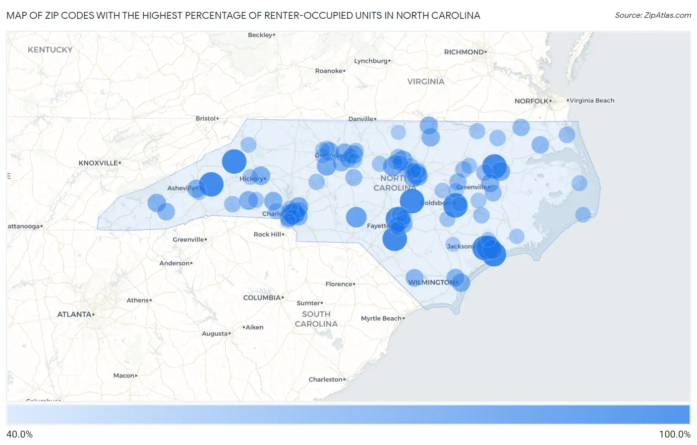 Zip Codes with the Highest Percentage of Renter-Occupied Units in North Carolina Map