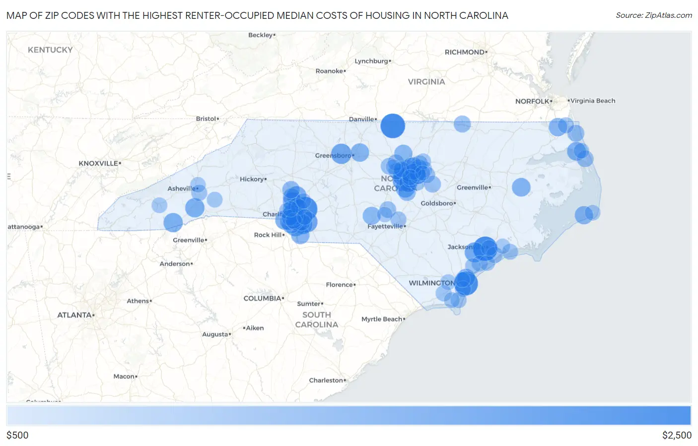Zip Codes with the Highest Renter-Occupied Median Costs of Housing in North Carolina Map