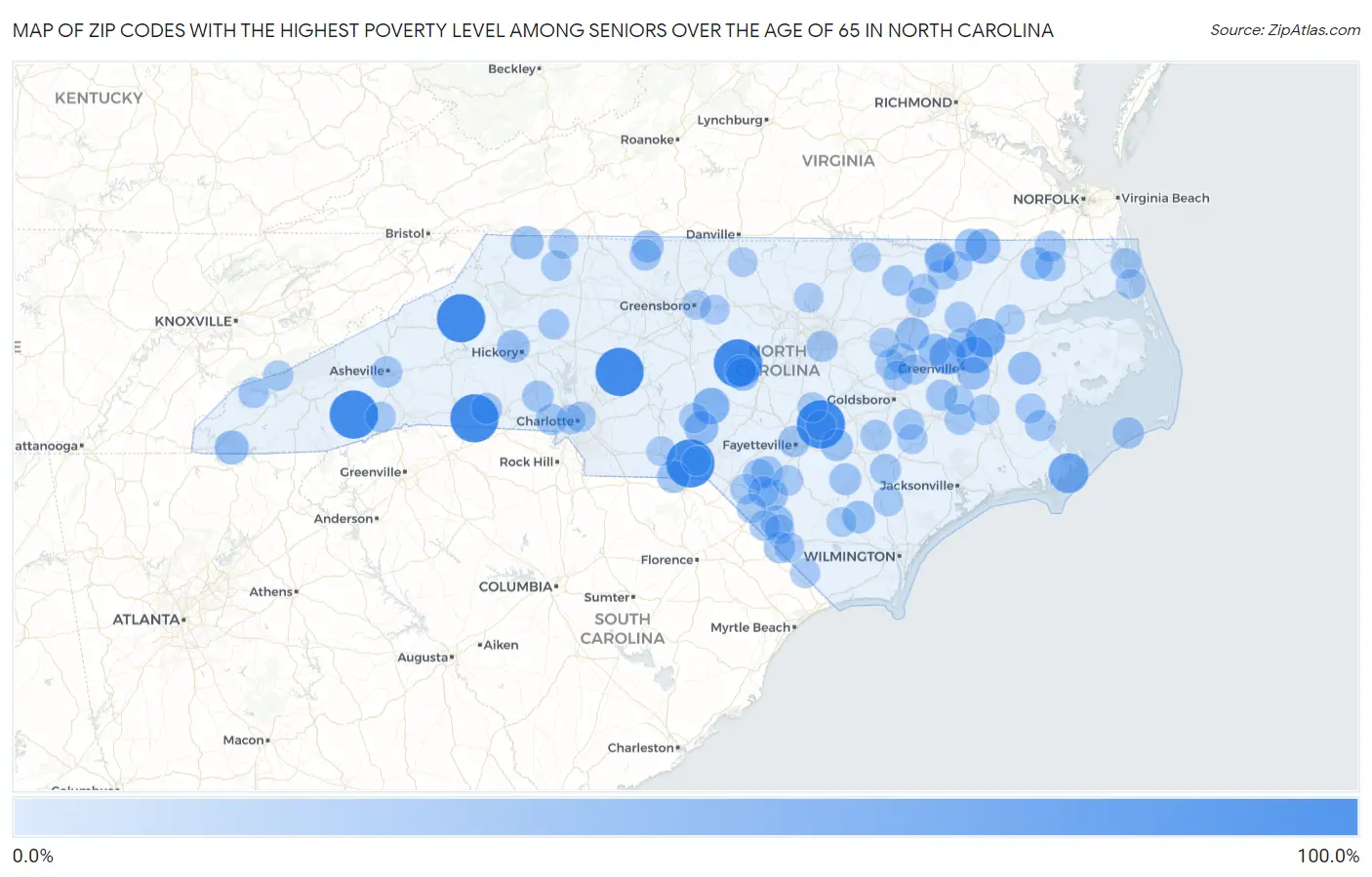 Zip Codes with the Highest Poverty Level Among Seniors Over the Age of 65 in North Carolina Map