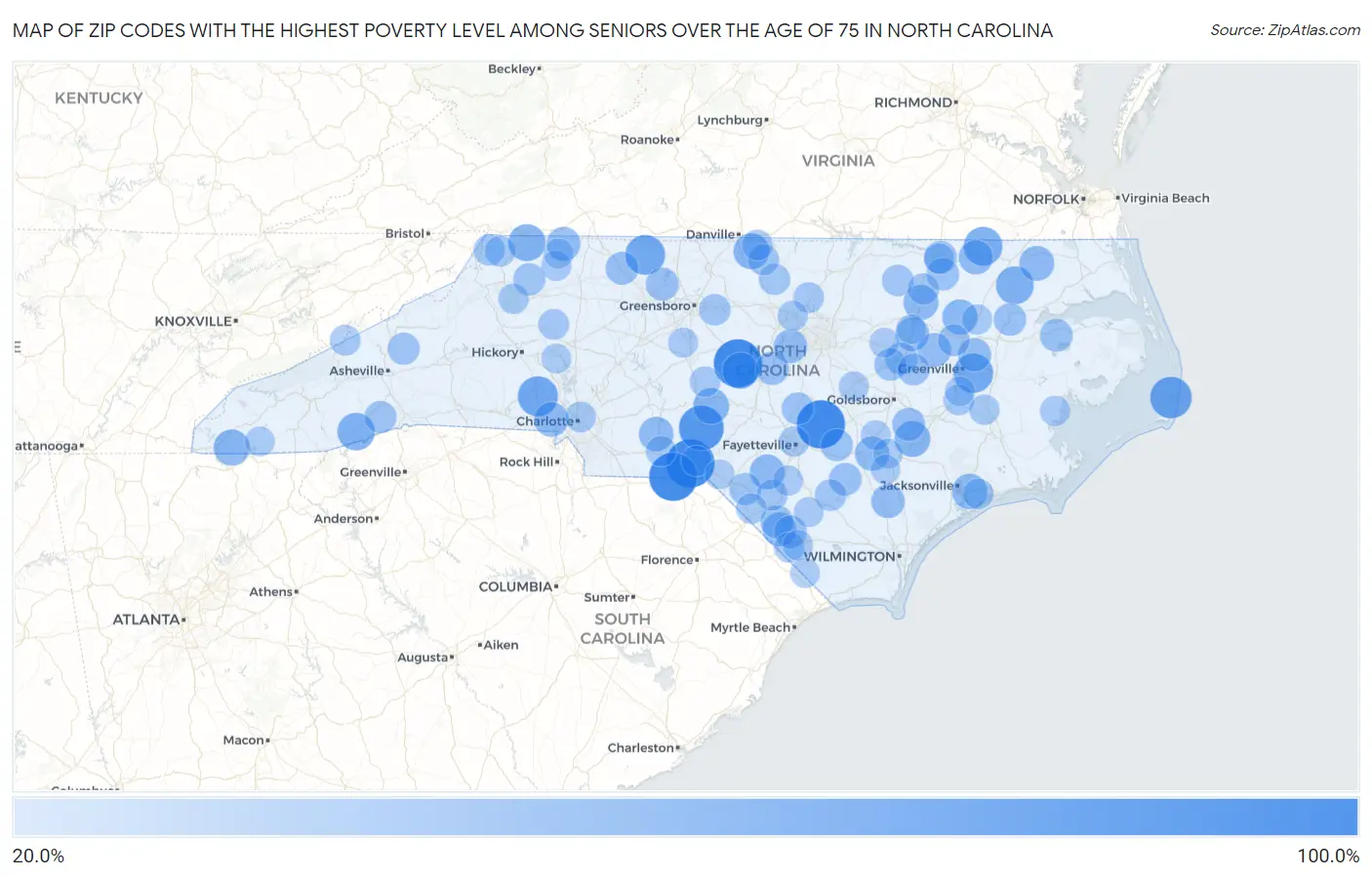 Zip Codes with the Highest Poverty Level Among Seniors Over the Age of 75 in North Carolina Map