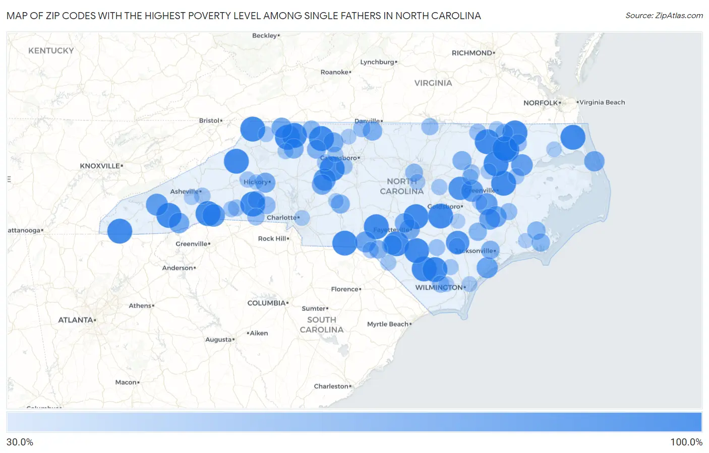 Zip Codes with the Highest Poverty Level Among Single Fathers in North Carolina Map