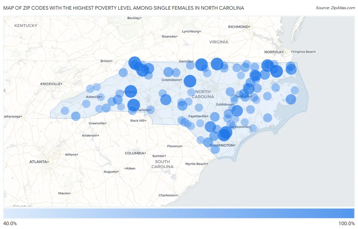 Zip Codes with the Highest Poverty Level Among Single Females in North Carolina Map