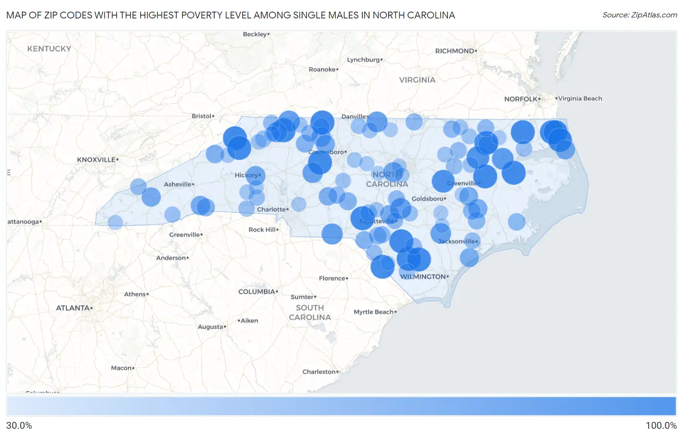 Zip Codes with the Highest Poverty Level Among Single Males in North Carolina Map