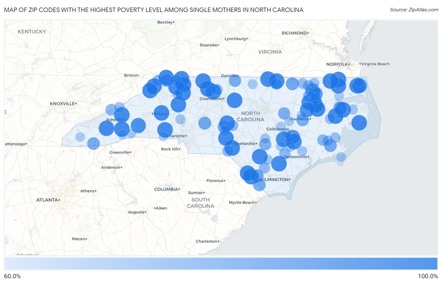 Zip Codes with the Highest Poverty Level Among Single Mothers in North Carolina Map