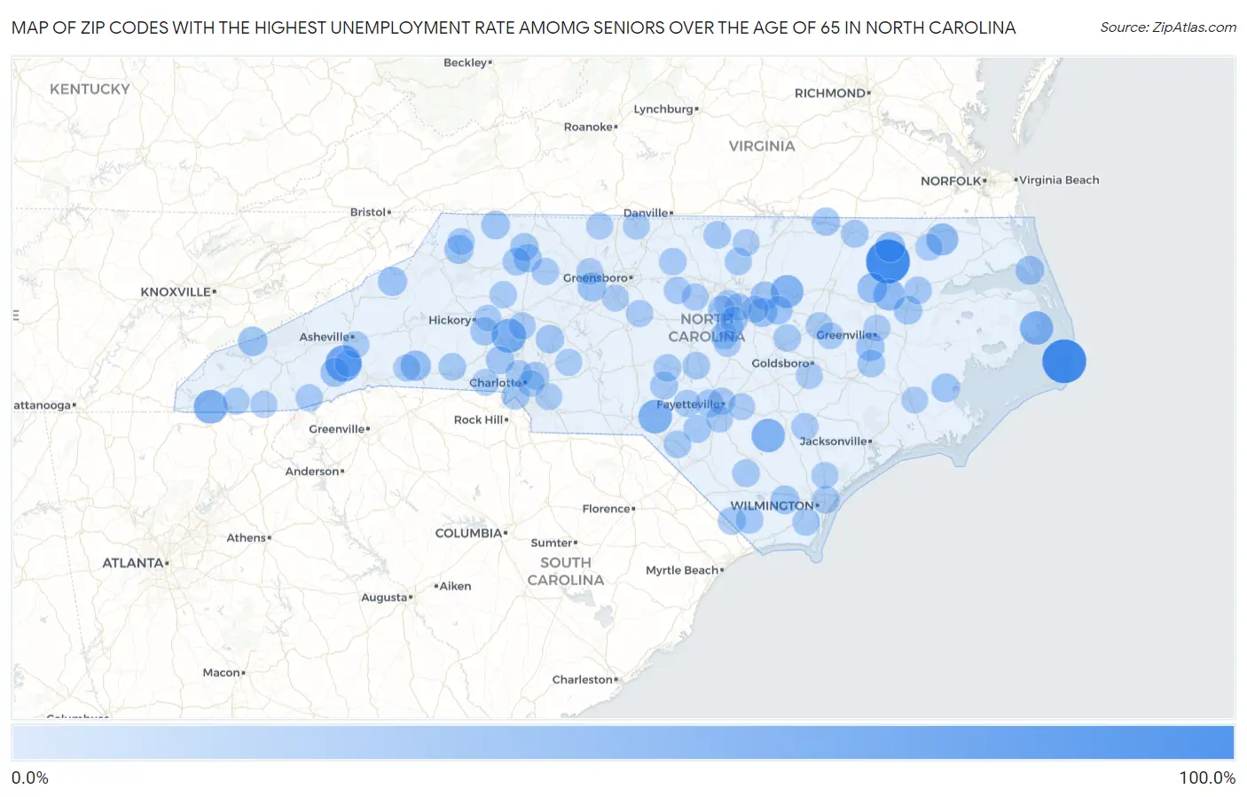 Zip Codes with the Highest Unemployment Rate Amomg Seniors Over the Age of 65 in North Carolina Map