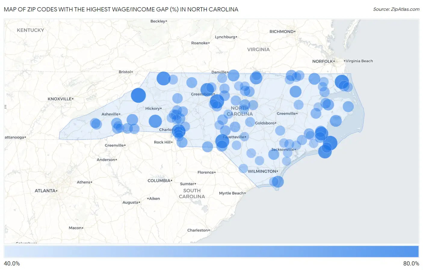 Zip Codes with the Highest Wage/Income Gap (%) in North Carolina Map