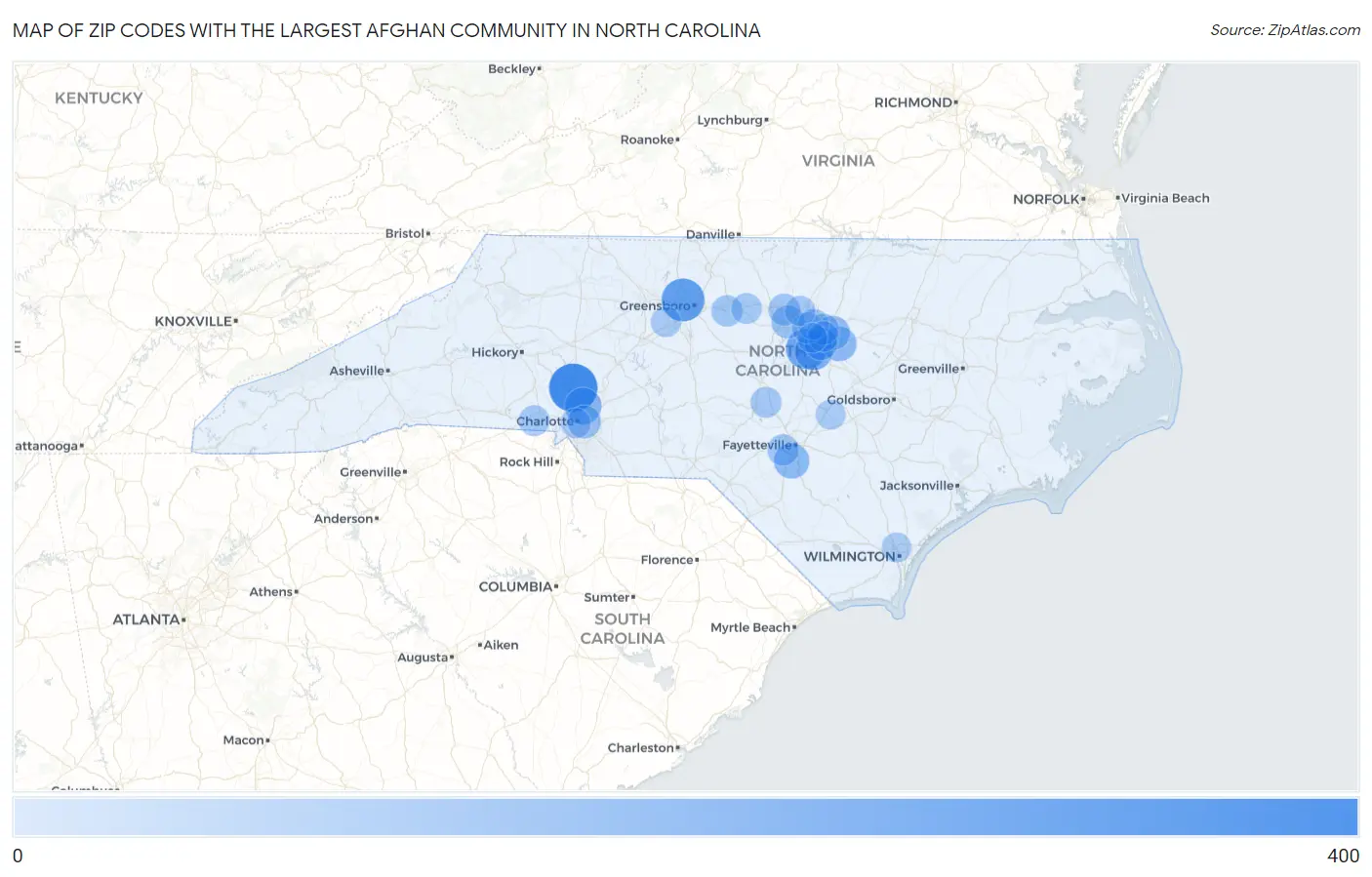 Zip Codes with the Largest Afghan Community in North Carolina Map
