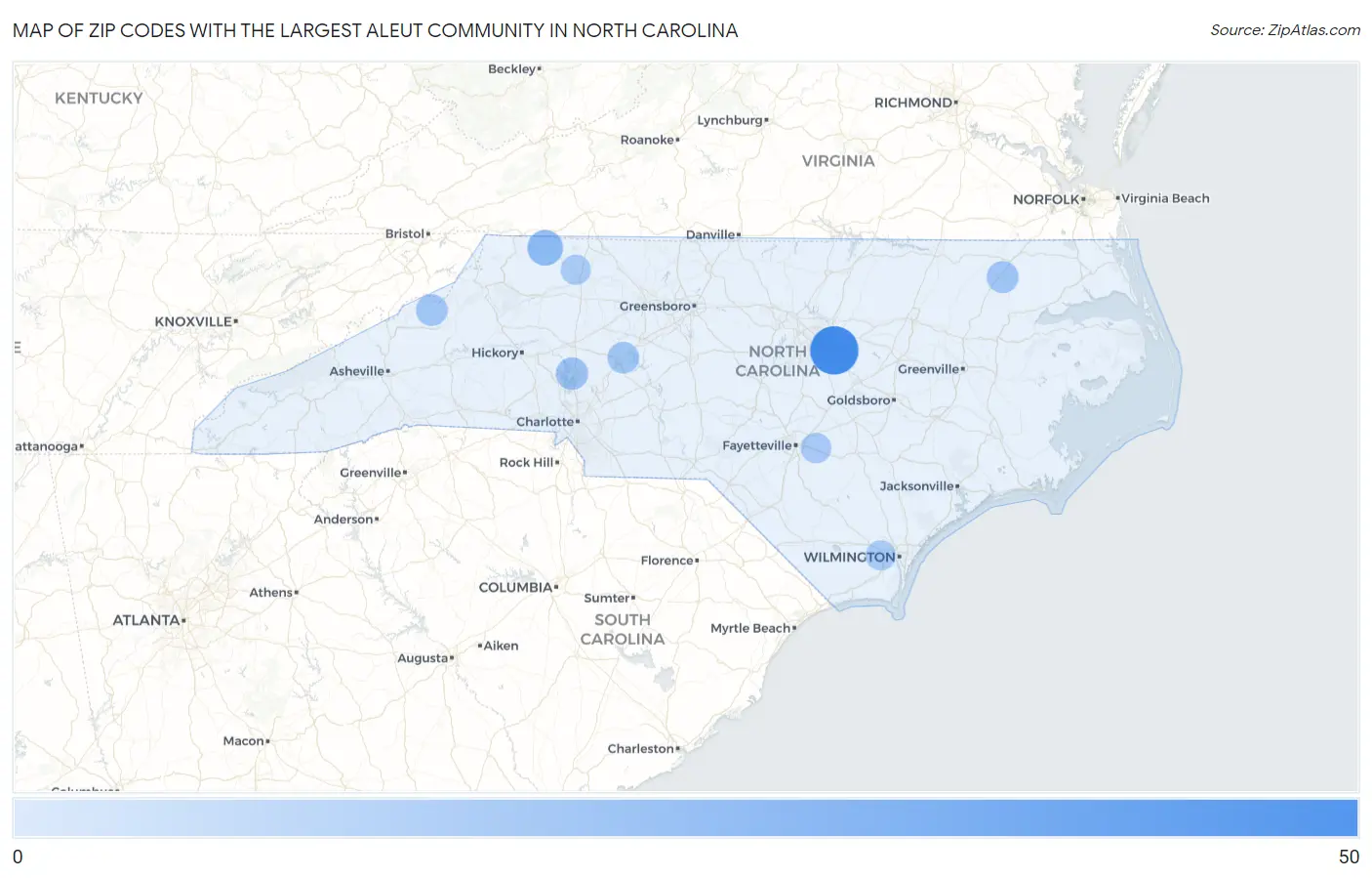 Zip Codes with the Largest Aleut Community in North Carolina Map