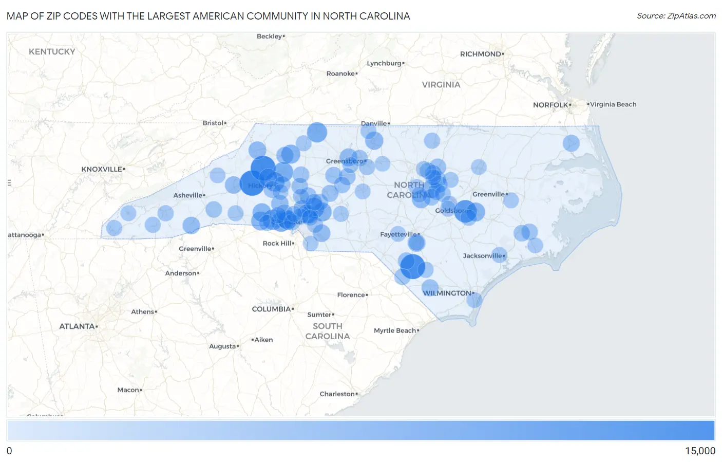 Zip Codes with the Largest American Community in North Carolina Map