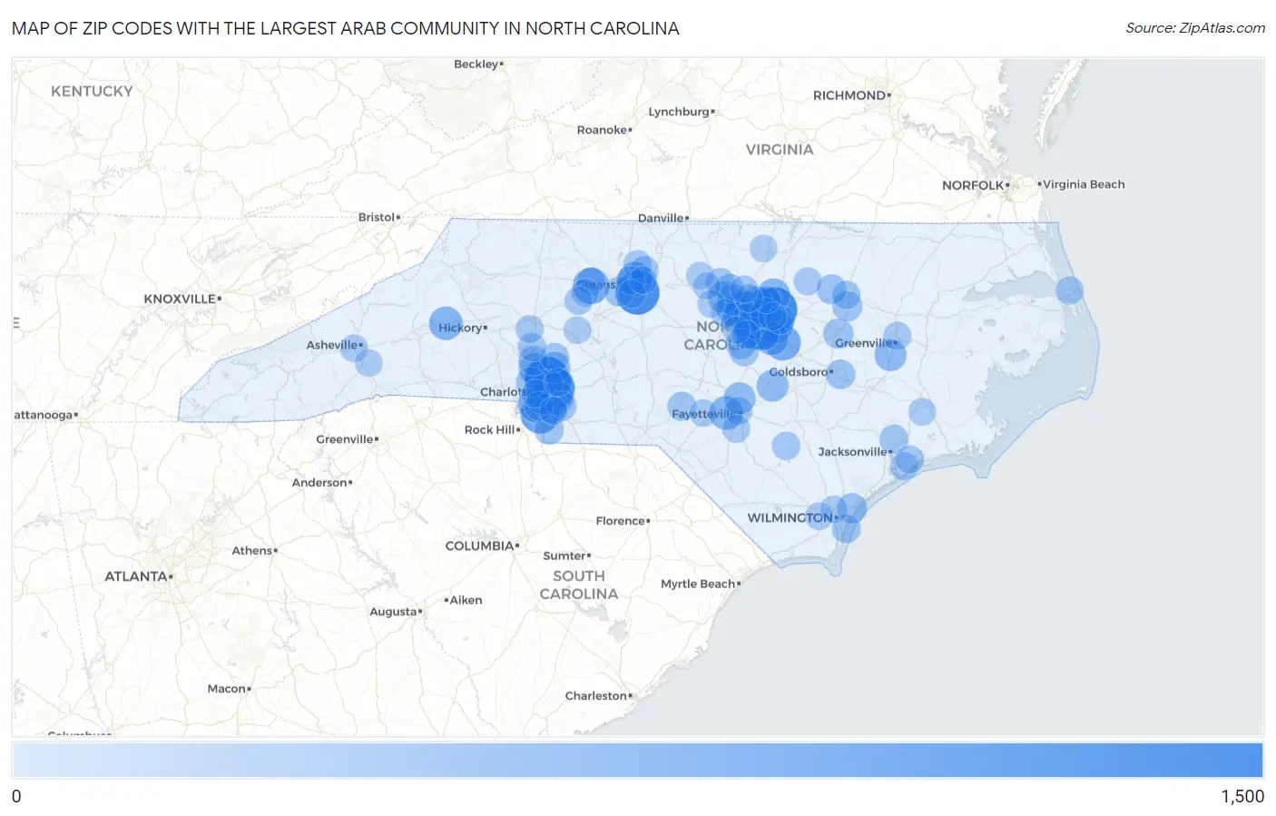 Zip Codes with the Largest Arab Community in North Carolina Map
