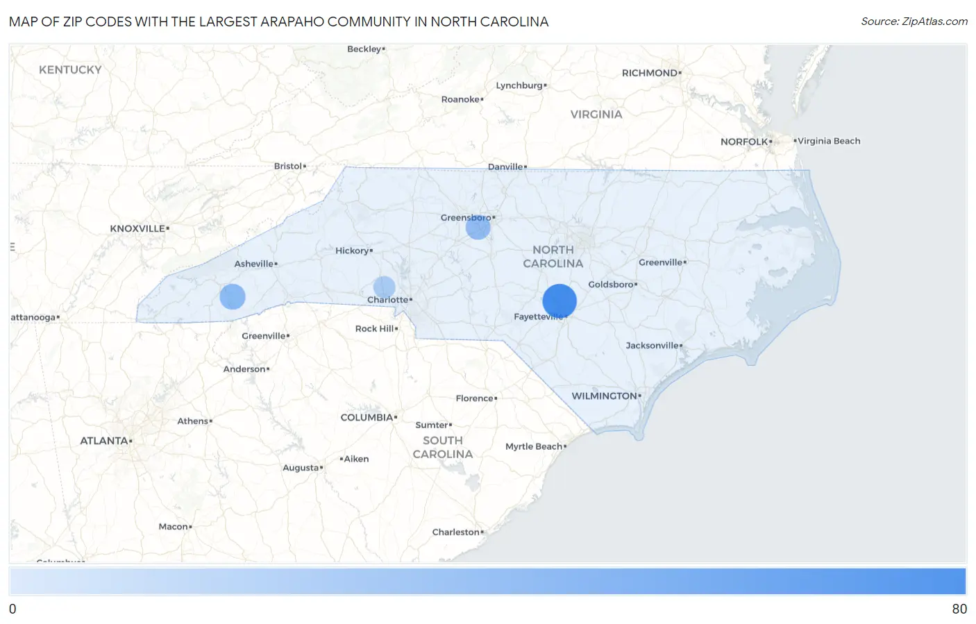 Zip Codes with the Largest Arapaho Community in North Carolina Map