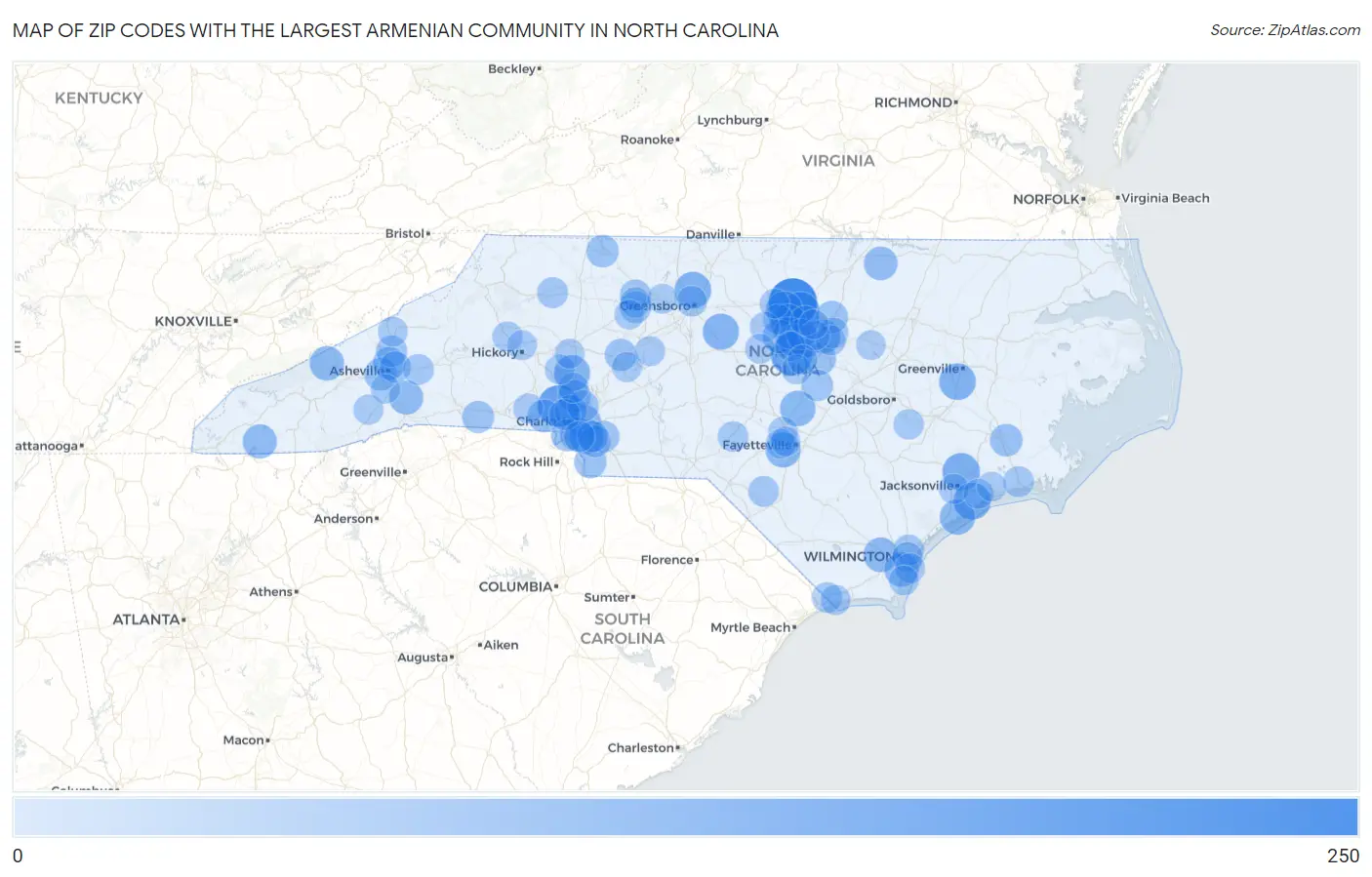 Zip Codes with the Largest Armenian Community in North Carolina Map