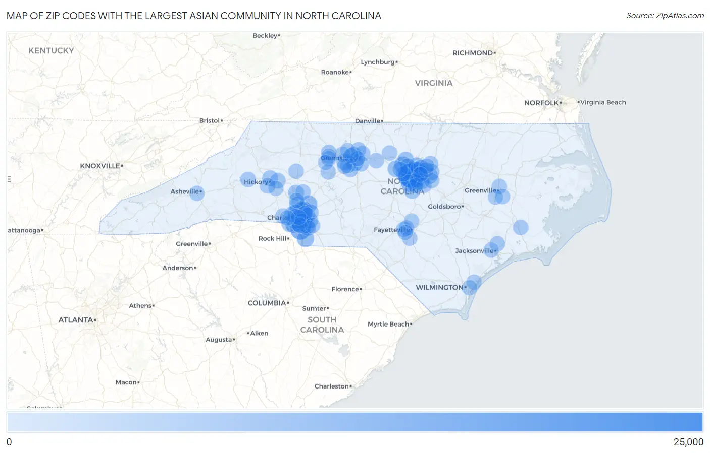 Zip Codes with the Largest Asian Community in North Carolina Map