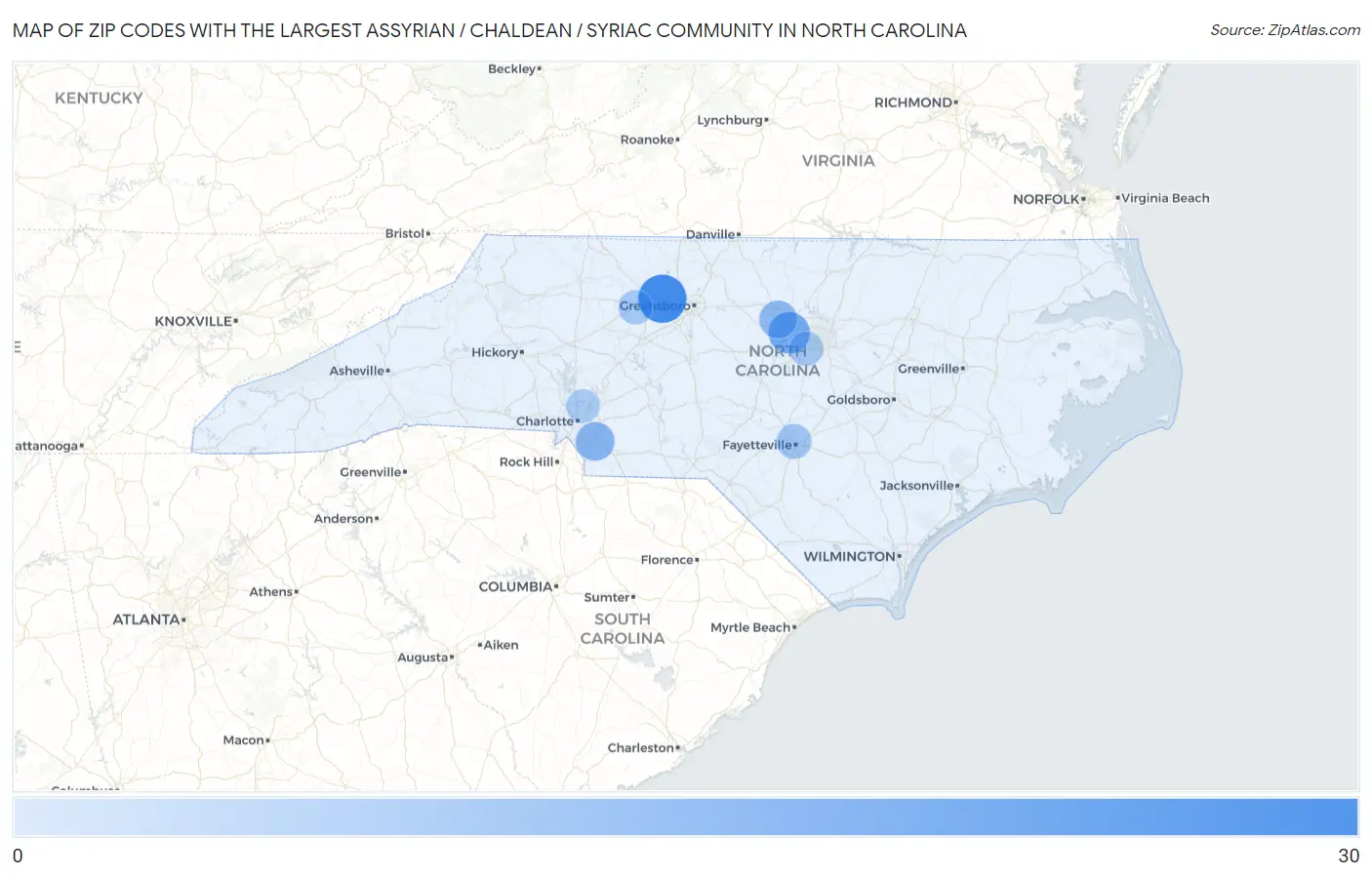 Zip Codes with the Largest Assyrian / Chaldean / Syriac Community in North Carolina Map