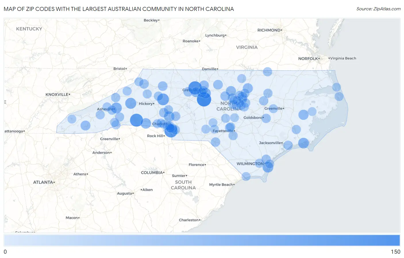 Zip Codes with the Largest Australian Community in North Carolina Map