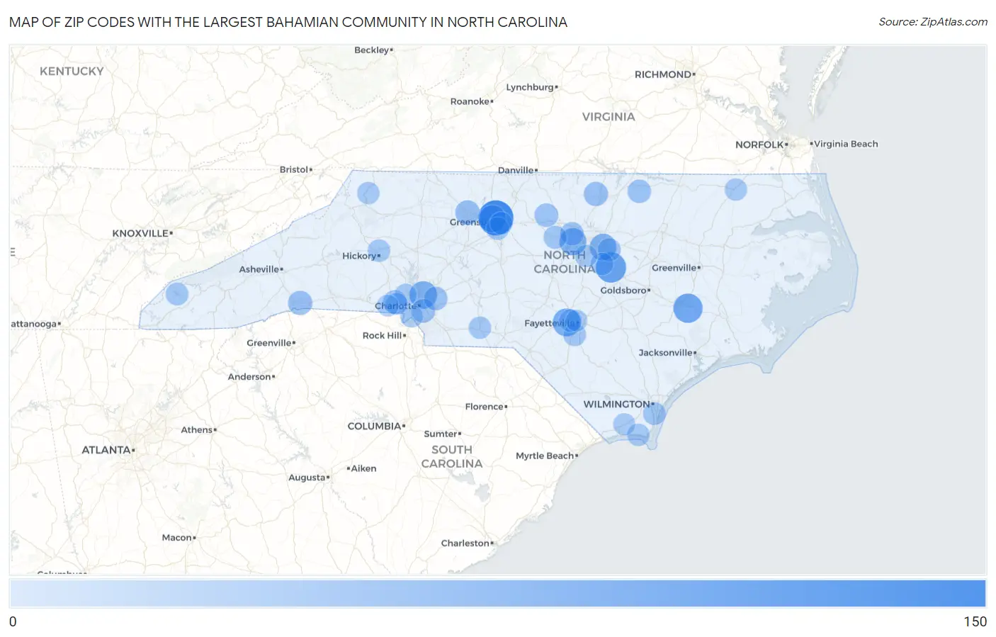 Zip Codes with the Largest Bahamian Community in North Carolina Map