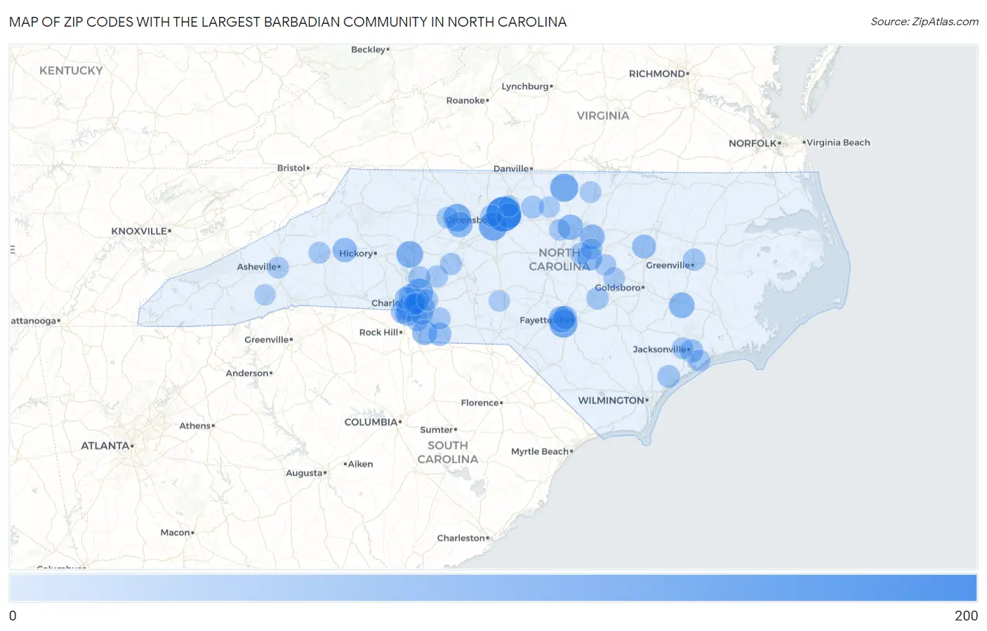 Zip Codes with the Largest Barbadian Community in North Carolina Map