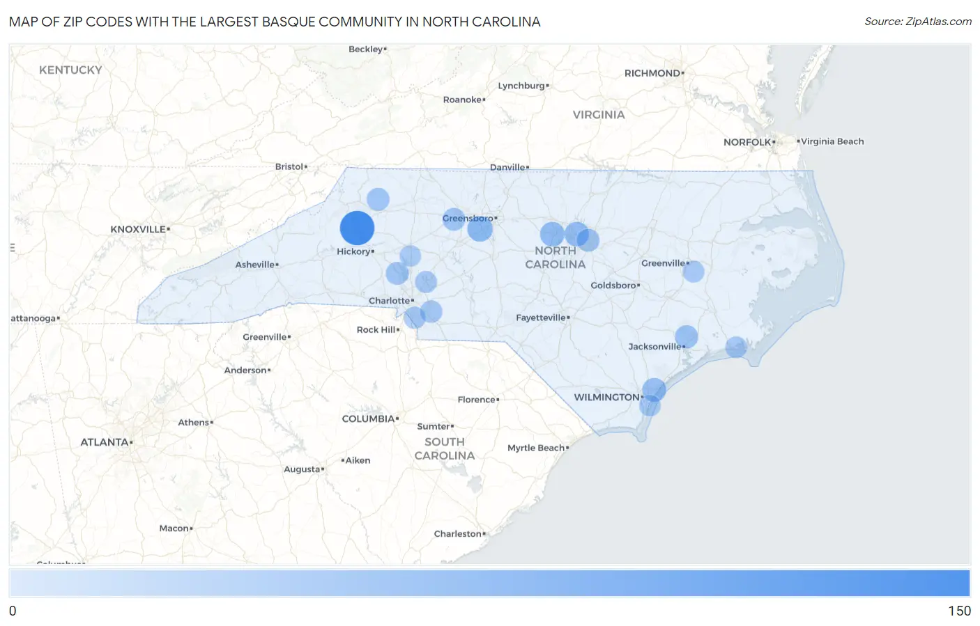 Zip Codes with the Largest Basque Community in North Carolina Map